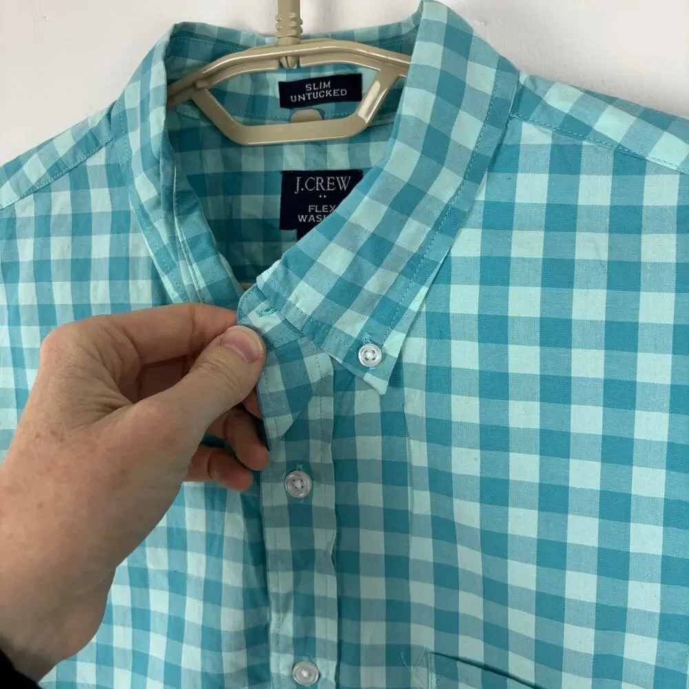 J. Crew Slim Untucked Blue Check Button Down Shirt NEW Large flex washed BE209